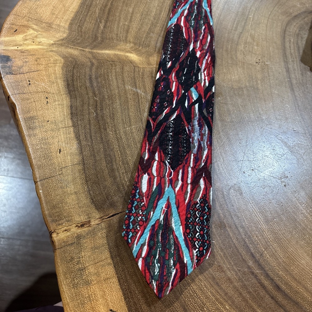 VTG 90s COOGI Australia Silk Tie Abstract Geometric Red Turquoise USA NEW